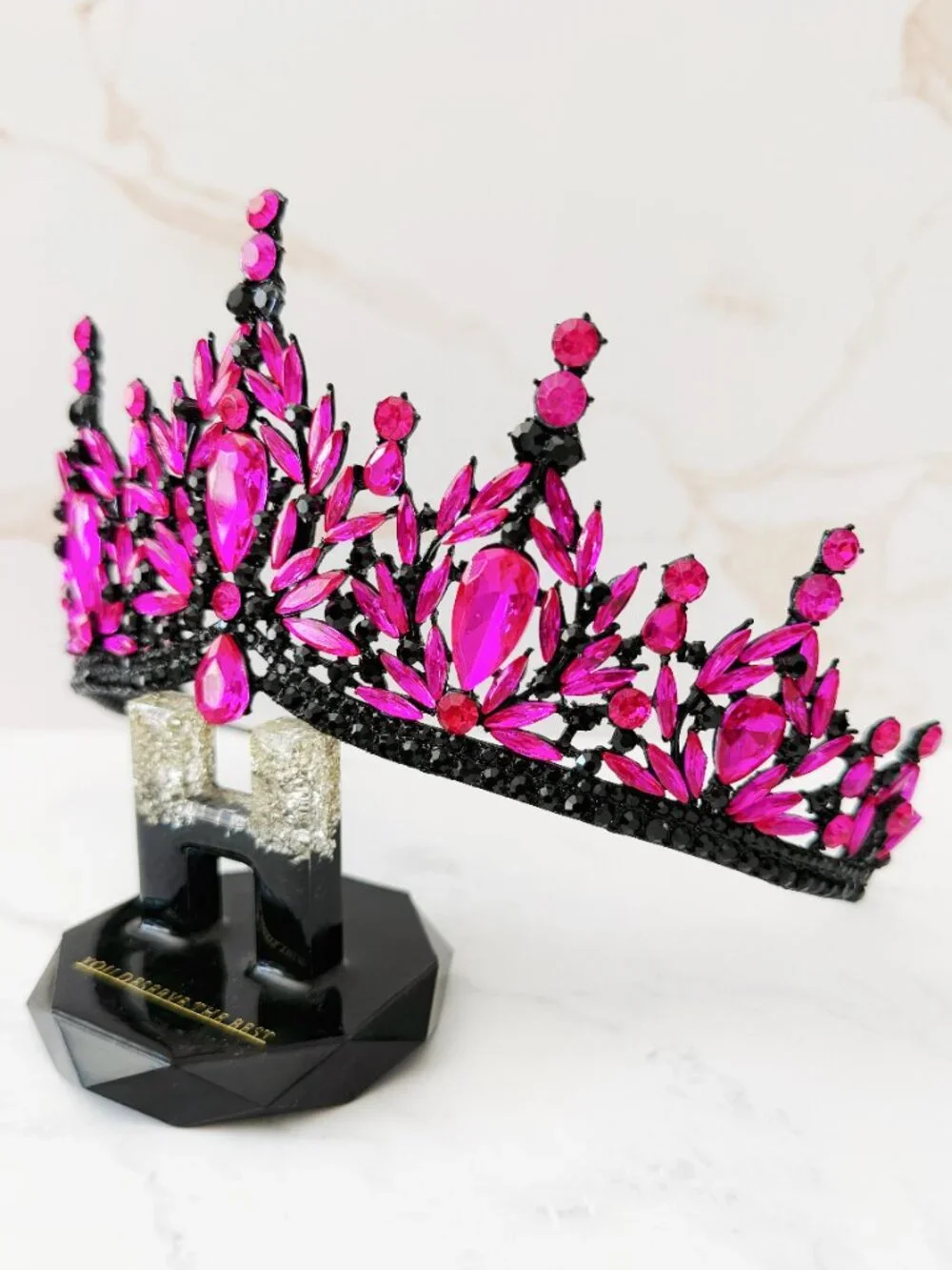 Hot Pink Rhinestone Headpiece, Gothic Fuchsia Crystal Tiara, Black Crown